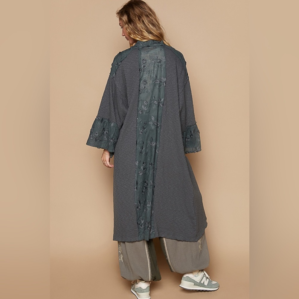 NEW POL Charcoal Green Patchwork Lace Long Duster Cardigan Boho Oversized - Picture 5 of 5